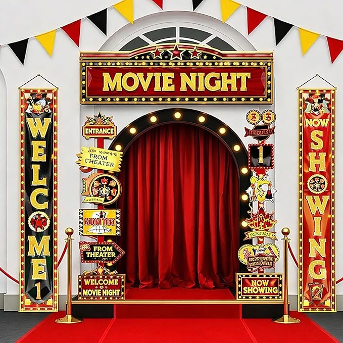 ShinyRelief 14 Pcs Movie Night Decorations Set Welcome Now Showing Door Banners Movie Theme Directional Signs for Home Film Red Carpet Event Awards Night Background Ceremony Party Supplies