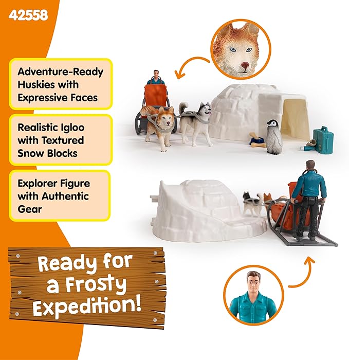 schleich Wild Life - 19 PC Antarctic Expedition Playset with Ranger, Husky Dogs, and Penguin Animal Figurines - Snow Safari Play Set with Dogsled and Igloo - Educational Toys for Kids 3 - 8 | 42558