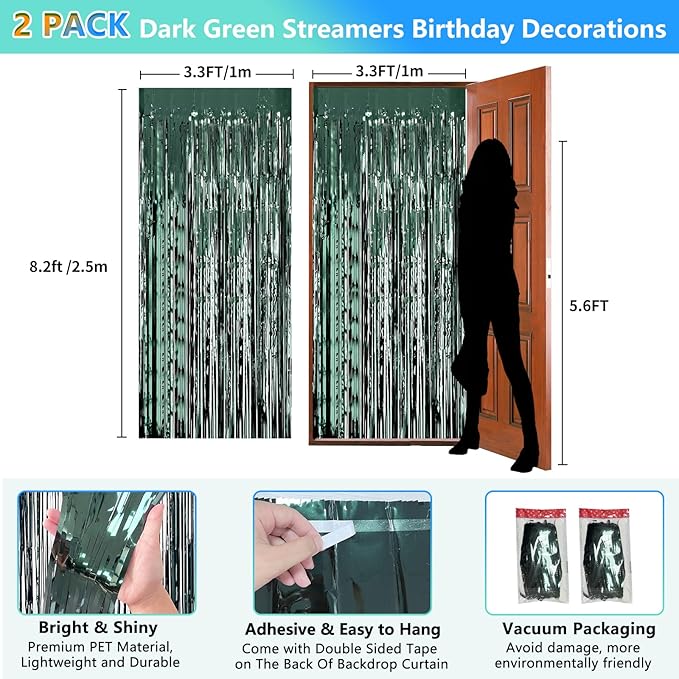 Dark Green Party Birthday Decorations Door Streamers Fringe Tinsel Foil Curtain, 2 Pack 3.3x8.2ft Dark Green Backdrop for Birthday Jungle Party Dinosaur Animal St Patrick's Day Christmas Decorations