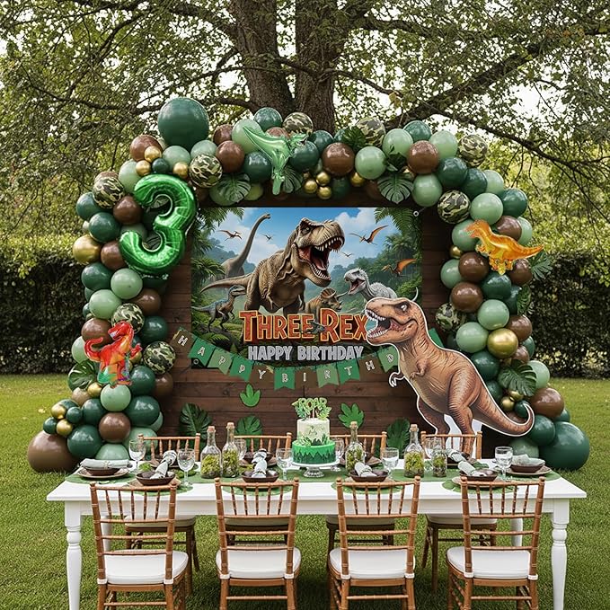 Dinosaur Birthday Decorations include Hunter Green Brown Gold balloon arch & small Dino Foil balloons & banner backdrop & footprint stickers for Kids Boys Jungle Safari Dino 3rd T-Rex Party Supplies