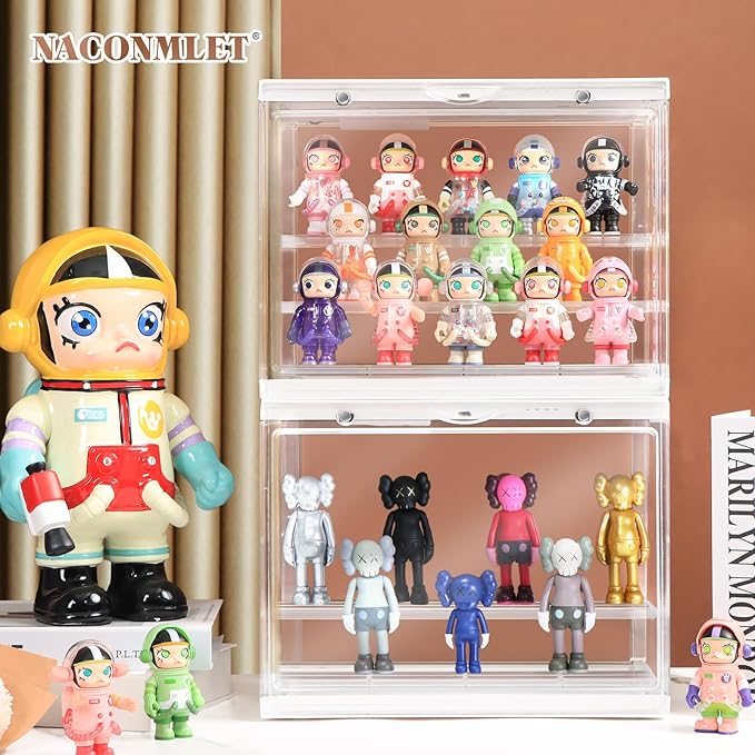 LED Acrylic Display Case for Collectibles, Cordless Power Stacking Showcase with 3-Tier Steps - Clear Dustproof Protector Box with Magnetic Door for Action Figures, Popmart, Funko pop