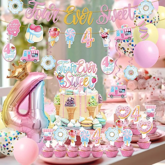 Four Ever Sweet Ice Cream Birthday Party Decorations with Donut Banner, Ice Cream Cake Toppers, Foil Balloon Arch for 4 Year Old Macaron Party Supplies