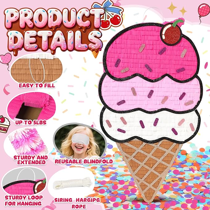 24" Large Ice Cream Pinata for Birthday Party, 3-Layer Neapolitan Summer Sweet Treats Theme Party Supplies, Paper Mache Pinata with Stick, Mask & Confetti, Fun Party Game Decor for Kids Adults