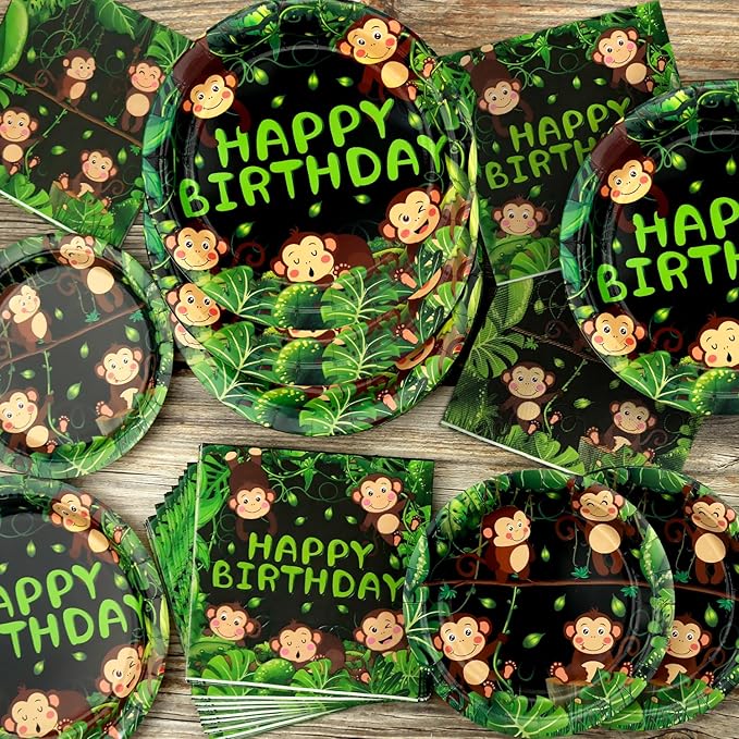 Monkey Party Supplies - Monkey Party Tableware - Dinner Plates, Dessert Plates, Napkins, Forks for Wild Jungle Animal Monkey Theme Birthday Supplies, Serves 25