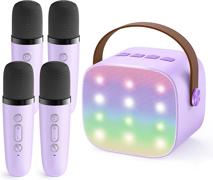 Upgraded Mini Karaoke Machine with 4 Wireless Microphones Toy for Kids, Birthday Gifts for Girls Boys, Portable MP3 Player for Ages 3, 4, 5, 6, 7, 8, 9, 10, 11, 12+ Year Old Party (Purple)