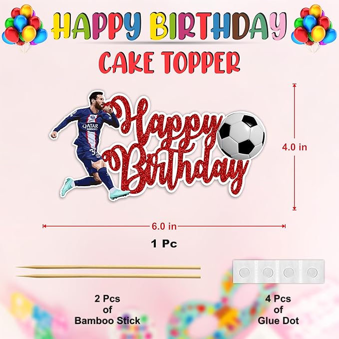 Soccer Football Happy Birthday Cake Topper – Sports Theme Goal Party Cake Decoration, Green Field & Ball Design Birthday Cake Pick for Celebration Supplies