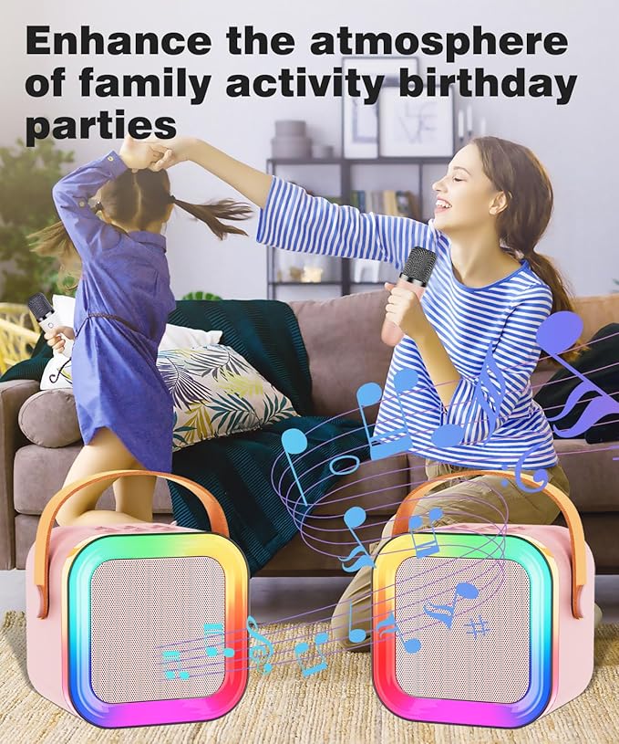 Mini Karaoke Machine Speaker for Kids Adults,Portable Bluetooth with 1-2 Wireless Microphones,Christmas Birthday Gifts Toys Girls Boys Ages 4, 5, 6,7, 8,9,10,11,12+ Years Old Toddler (Pink - 2 Mic)