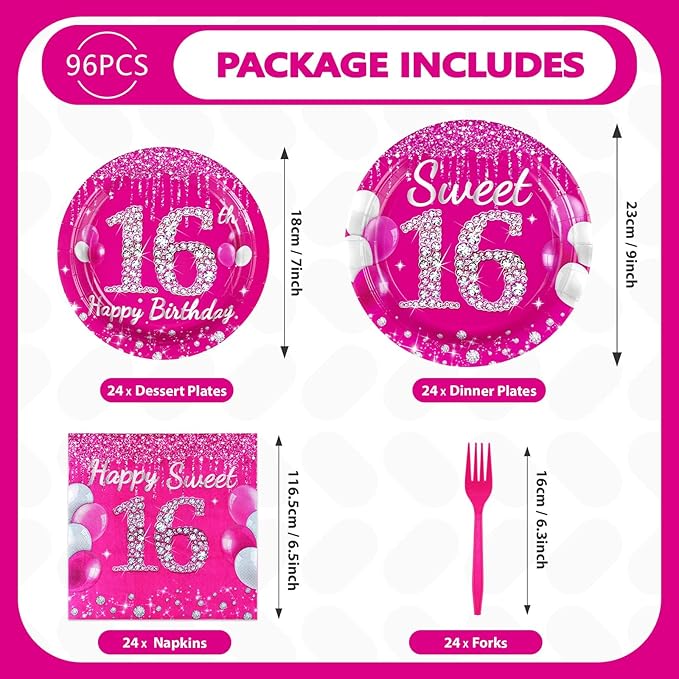 96Pcs 16th Birthday Party Supplies 350 GSM Hot Pink Sweet 16 Plates and Napkins Tableware Sets Sixteenth Birthday Decorations for Girls Happy 16 Years Old Party Favors, Serves 24
