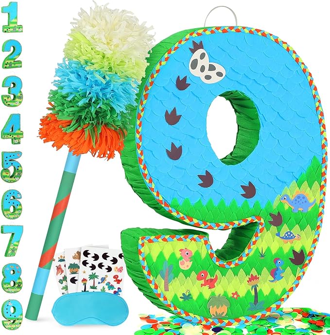 Number 9 Pinata for Birthday Party Decorations, Jungle Dinosaur Piñata Games Toy (9th)