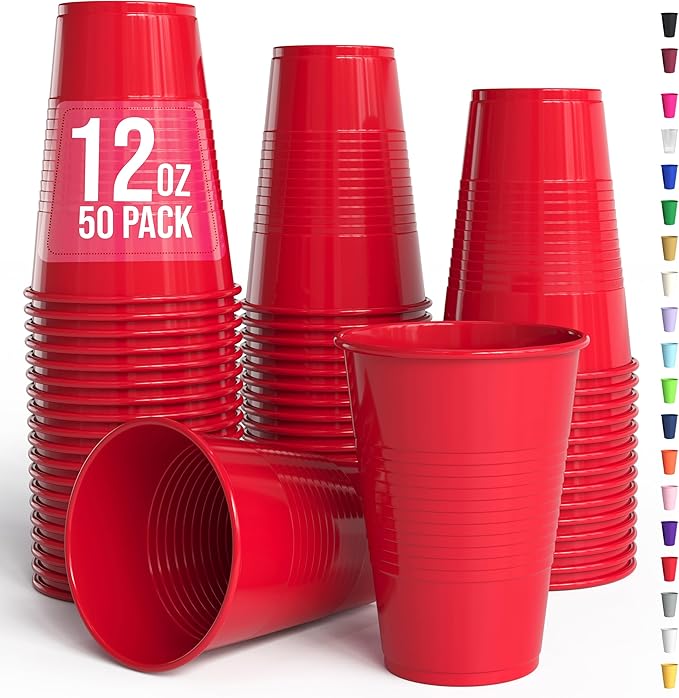 Party Solids 12 Oz Red Plastic Cups For Party Supplies 50 Pack | Red Disposable Cups Plastic | Disposable Drinkware For Parties, Events & Everyday