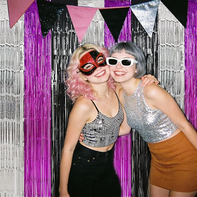 TONIFUL Black Silver Hot Pink Door Streamers,Black and Pink Photo Booth Backdrop Metallic Streamers Foil Fringe Curtain for Birthday,New Year,Graduation,Grad,Baby Shower Party Streamers Decoration