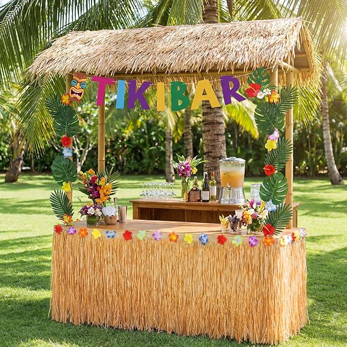 22 Pcs Tiki Bar Hut Kit with Banner 20 Realistic Palm Leaves and Gold Grass Table Skirt 108 x 29.5 in Tropical Luau Tiki Bar Decorations for Hawaiian Party Beach Pool Summer Luau Party Supplies