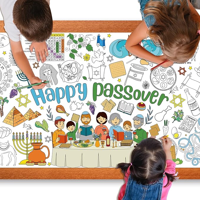 Happy Passover Large Coloring Tablecloth Poster for Kids, Pesach Jumbo Coloring Paper Poster Sheets, Passover Color-in Craft Activities for Kids Festive Seder Party Supplies Decorations, 30 x 72Inch