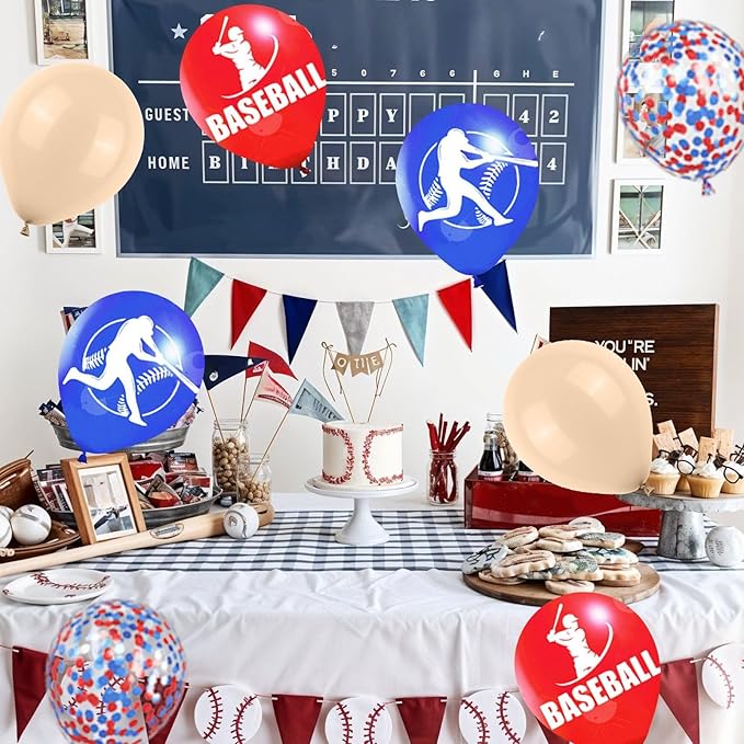 Baseball Balloons, 60Pcs 12 Inch Red Blue Brown Confetti Baseball Party Balloons for Kids Boy Baseball Birthday Sport Party Decorations Sports Themed Baby Shower Graduation Party Supplies