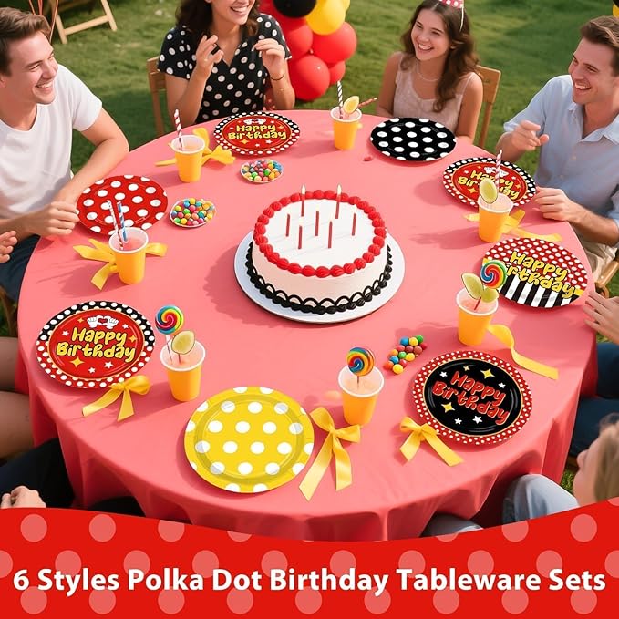 Grencian 60 Pcs Cartoon Mouse Birthday Party Decorations 9” Red Mouse Birthday Party Plates Red Black Yellow Polka Dot Platter Decorations for Halloween Boys Girls Cartoon Theme Parties Supplies