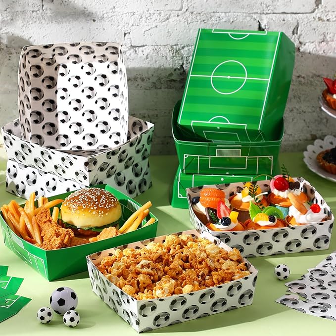 Teling 36 Pack Soccer Party Supplies Large 5 lb Soccer Plates Trays Bowls Paper Food Boats Disposable Nacho Serving Snack Trays for Sport Themed Birthday and Tailgate Party Decorations Favors
