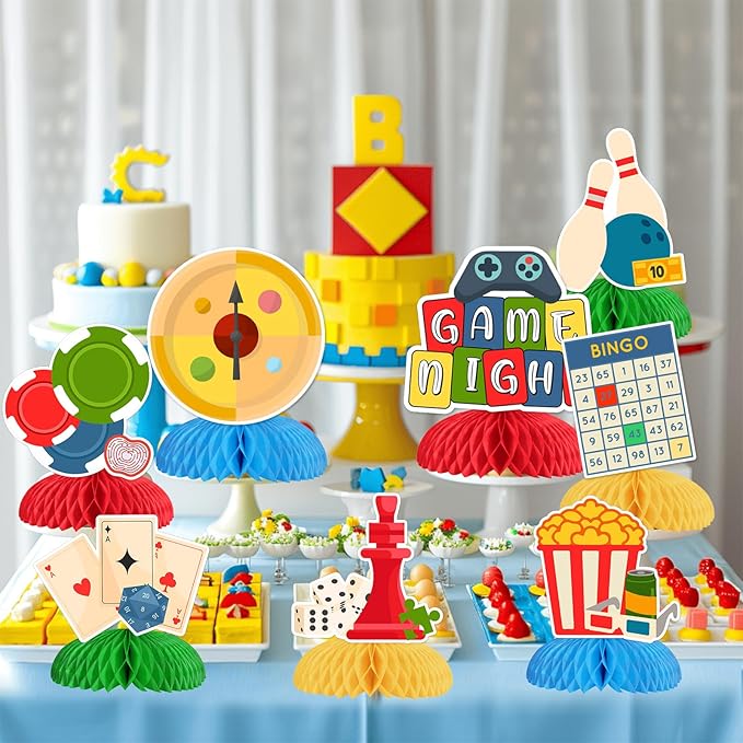 Game Night Decorations, 8pcs Family Game Night Honeycomb Centerpiece Double-sided Printing Gaming Party Table Decorations for Game Night Bingo Party Supplies