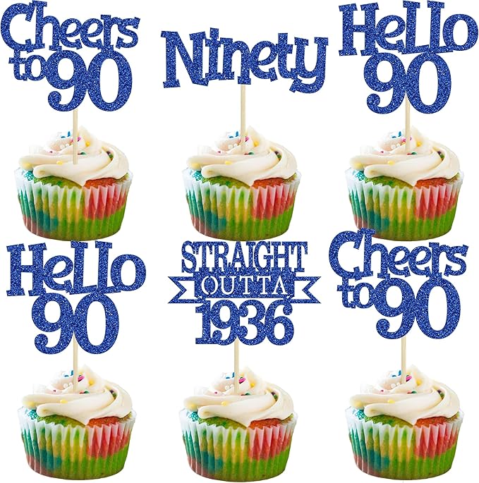 Ephlyn 24Pcs Happy 90th Birthday Cupcake Toppers Glitter Straight Outta 1936 Cupcake Picks Hello 90 Cheers to 90 Years Birthday Cake Decorations for 90th Anniversary Party Supplies Blue