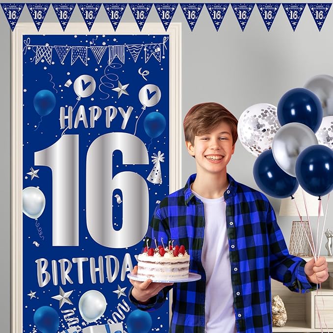 16th Birthday Decorations for Boys Girls, Blue Silver 16th Birthday Decorations Backdrop with Happy 16th Birthday Banner, Number 16 Hanging Swirls, Triangle Flag, 16 Years Old Party Decor Supplies