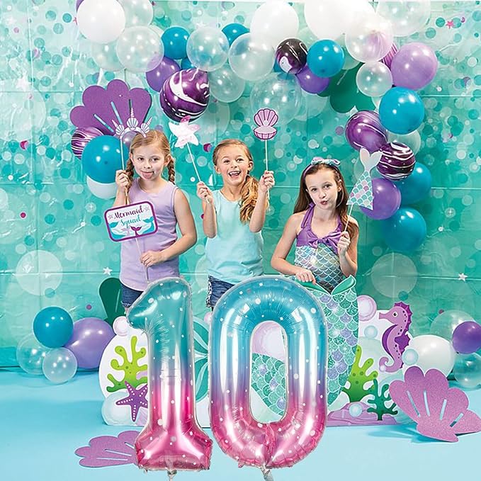 Mermaid Number 0 Balloons 40 Inch, Large Purple Teal Rainbow Number Balloons 0-9 Set, Starry 0 Mylar Foil Balloon Numbers for Girls Women Baby Shower Birthday Graduation Anniversary Party Decorations