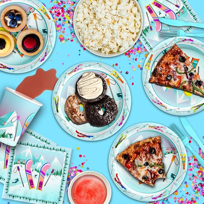Birthday Galore Skiing Themed Party Supplies for Kids and Adults - Fun Celebration Set with Plates, Napkins, Cups, Tableware, Quick Setup, Colorful Decorations for Every Birthday Events - Kit for 16