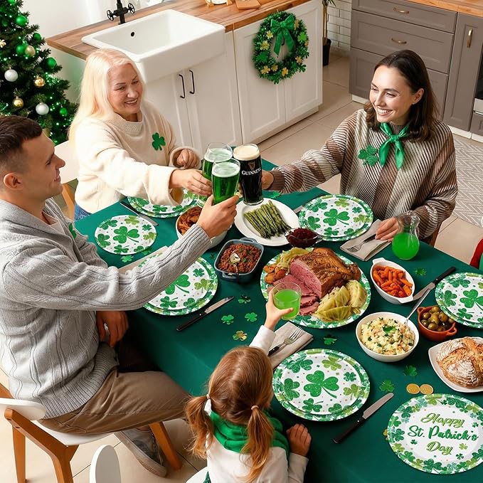 24 Pcs Happy St Patricks Day Plates Set - Disposable Green Shamrock Paper Plate, Irish Round Dinner Dessert Plate Dinnerware Kit for St Patrick's Day Party Decorations Supplies Table Decor