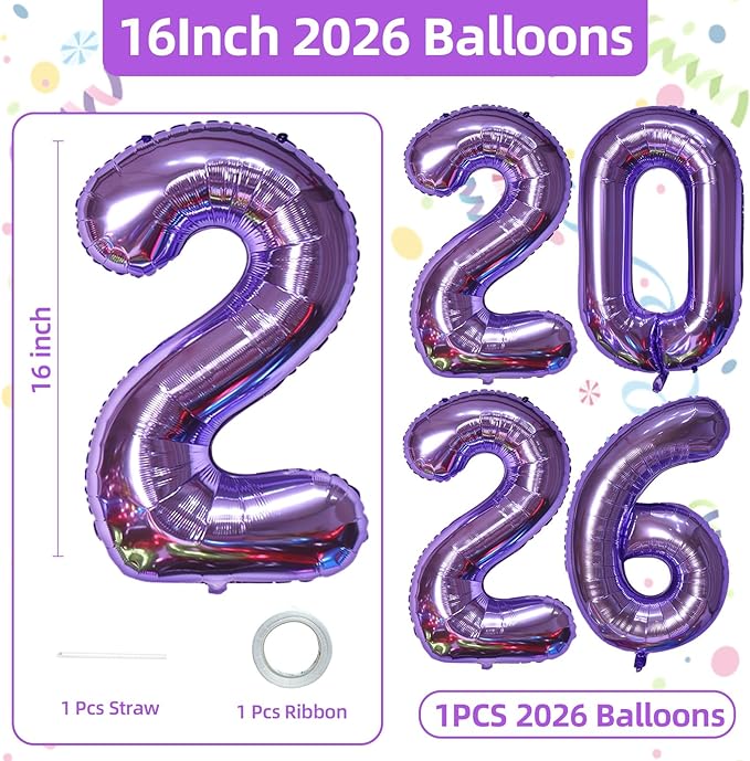KALOR 16 Inch 2026 Purple Foil Number Balloons, 2026 New Years Decorations for 2026 Happy New Year Eve and Graduations Party Supplies