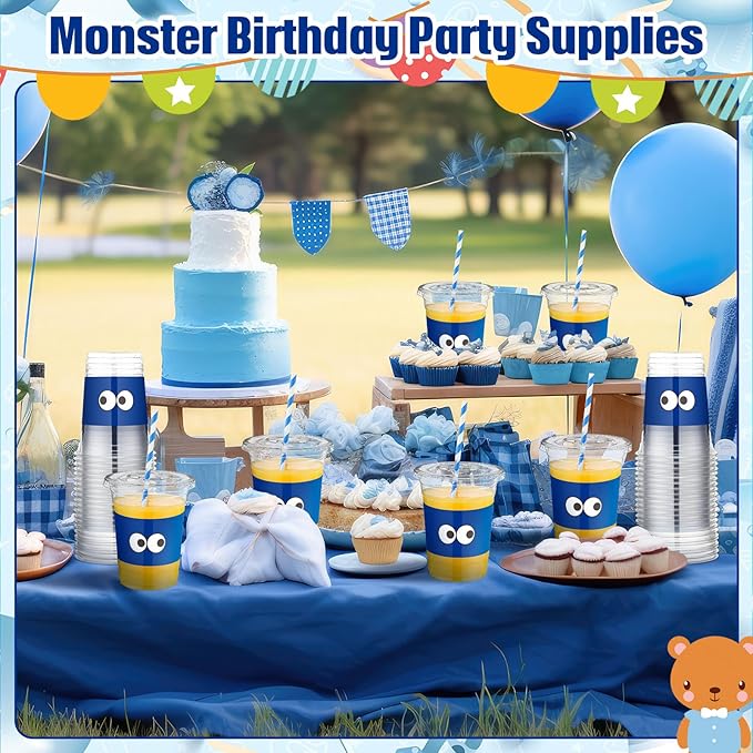 50 Pcs Blue Monster Themed Party Supplies Cartoon Blue Monster Plastic Cups Bulk Cartoon Baby Shower Decorations Disposable Party Favor Cups for Birthday Decorations Gender Reveal Supplies