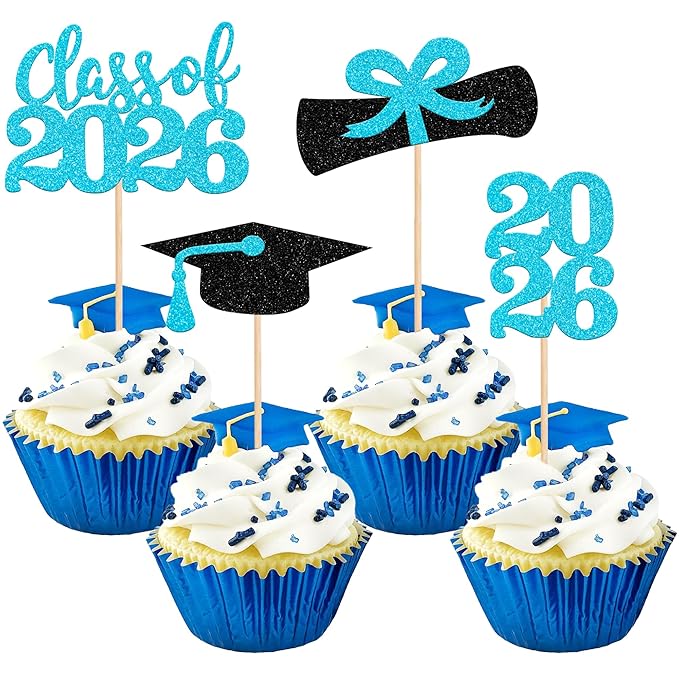 36 PCS 2026 Graduation Theme Cupcake Toppers Glitter Class of 2026 Graduation Cap Diploma Cupcake Picks 2026 Graduate Theme Party Cake Decorations Supplies Lake Blue