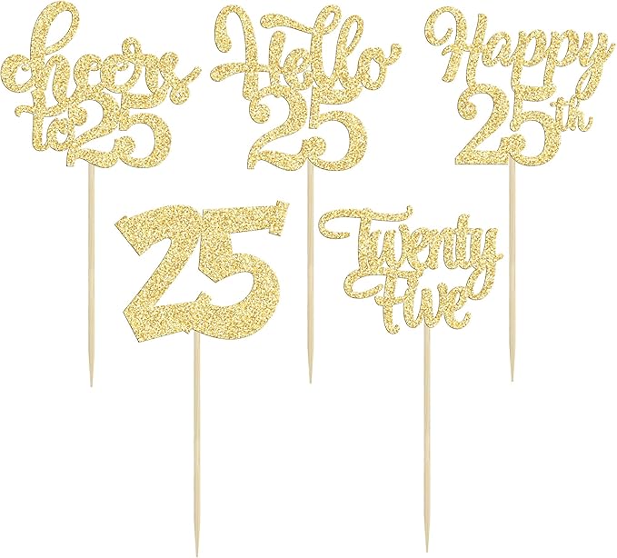 30pcs 25th Birthday Cupcake Toppers - 25th Anniversary Cake Decorations with Gold Glitter