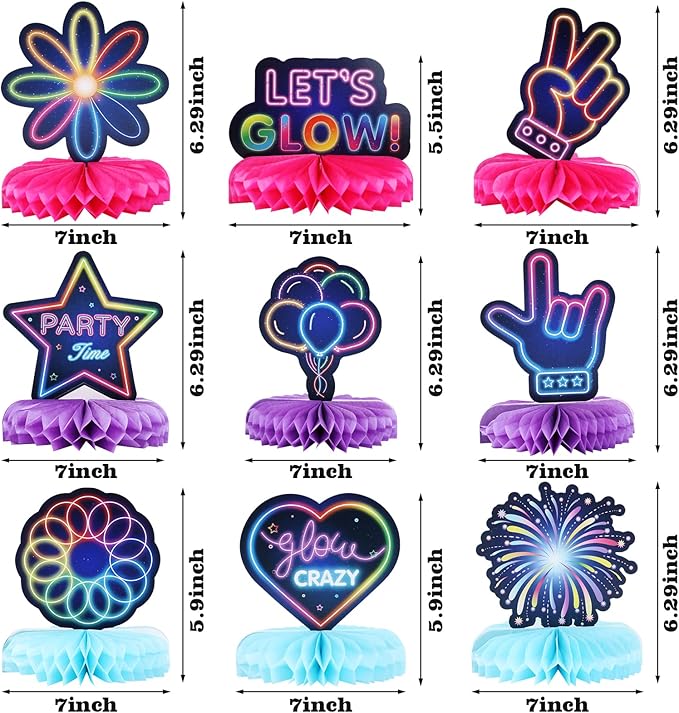 9-Piece Glow Neon Party Decoration Honeycomb Centerpieces for Tables Let's Glow Honeycomb Decorations Tabletop Centerpiece Sign for Glow in Dark Party Baby Shower