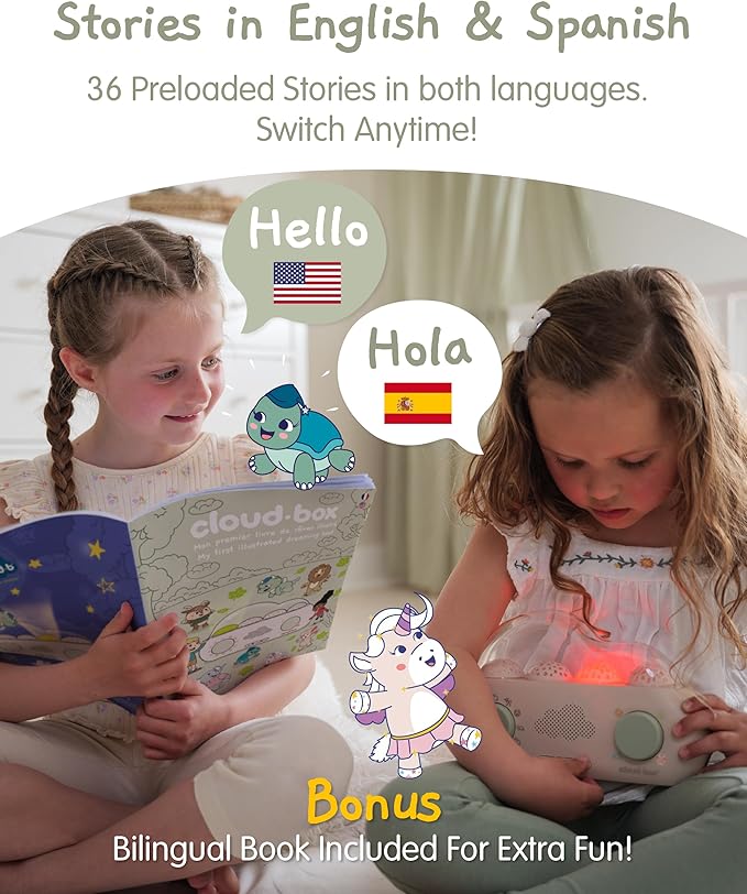 Cloudb Cloudbox Storytime Audio Story Books Toy Gift for Toddlers Kids Girls Boys | English/Spanish Voice Record Storyteller | 36 Stories, 8 Melodies, Star Projector Night Light White Noise Dreambox