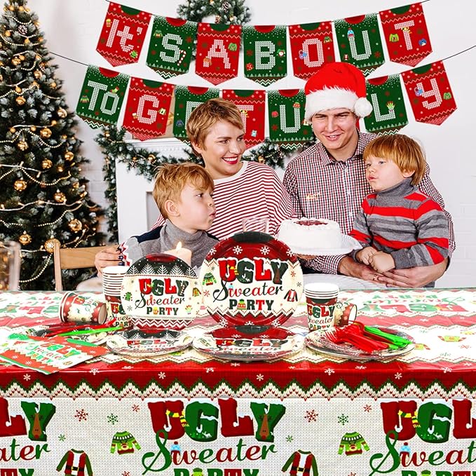 Ugly Sweater Party Decorations-142Pcs Christmas Plates Set for 20 Guests, It's About to Get Ugly Christmas Tableware Supplies