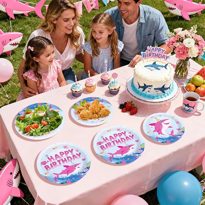 96Pcs Pink Shark Birthday Party Decorations for Baby Girl Shark Plates and Napkins Pink Babyshark Tableware Set for Girls Ocean Beach Under The Sea Birthday Party Supplies，Serves 24