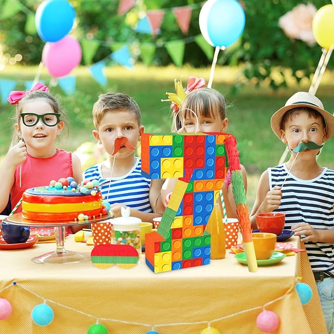Number 7 Pinata with Blindfold and Bat Stick Building Block 7th Birthday Decorations for Kids Boys Girls Building Block Birthday Party Games Number Pinata for Fiesta