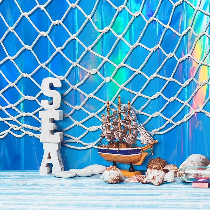 Unittype 6 Pcs Fish Net Decorative and Tablecloth Set, Cotton Fishnet and Plastic Table Cover Decorations Set for Nautical Themed Party Baby Shower Pirate Decorations Mermaid Party (Iridescent Wave)
