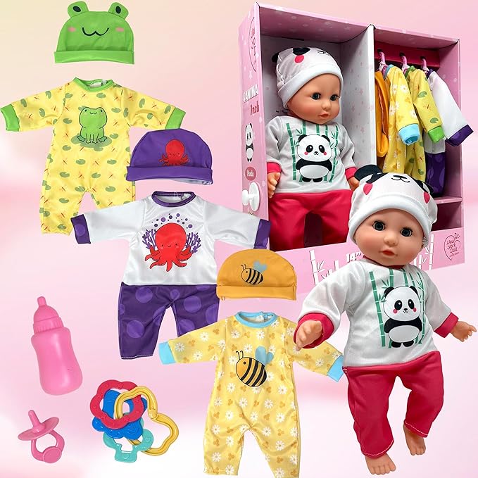Soft Body Baby Doll with Accessories & 4 Sets of Animal Outfits, Realistic Baby Doll with Clothes & Toys, 14 Inch Doll Play Set Wardrobe Closet, Baby Dolls for Girls, Kids Gift for 3 4 5 Year Old