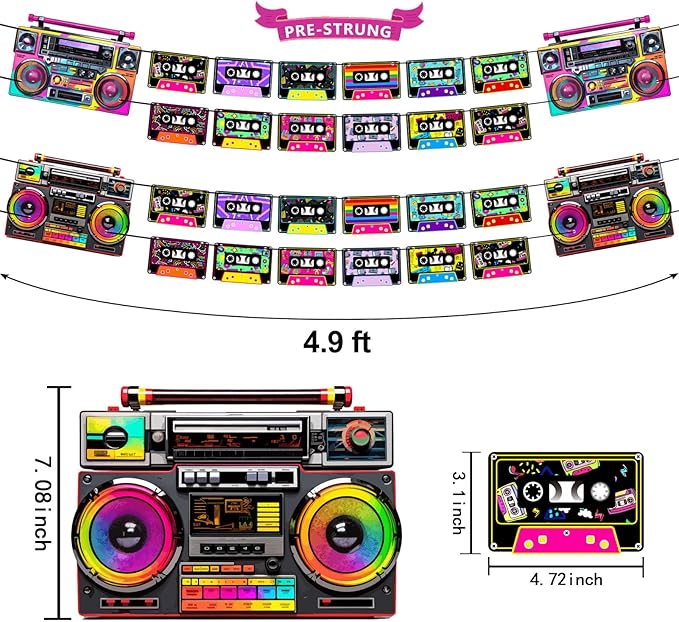 Pre-Strung 80s 90s Party Decorations, NO DIY Retro 80’s 90’s Theme Cassette Tape Banners, Boom Box Cassette Player Decor Hip Hop Music Birthday Party Supplies