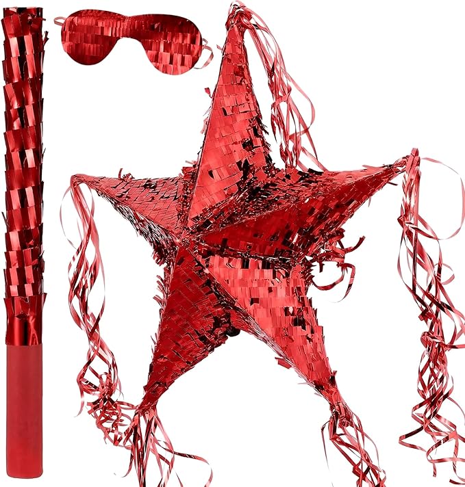 Hanaive Foil Star Piñata with Blindfold and Bat for Birthday Foldable Star Shape Piñata with Stick Festive Fiesta Party Supplies Favors for Mexican Party(Red)