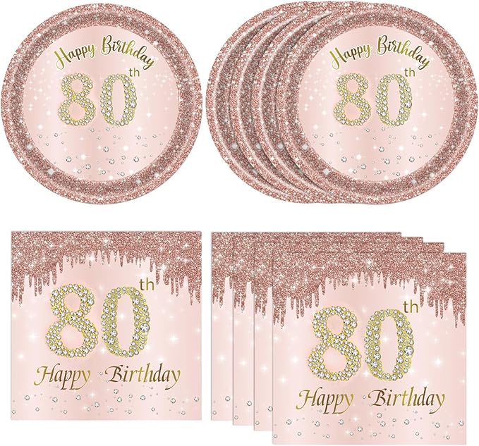 40PCS 80th Birthday Decorations for Women Vintage 1946 80 Year Old Party Decorations Include 80th Birthday Plates and Napkins Set Rose Gold Birthday Disposable Tableware Kit for Girl Ladies Women