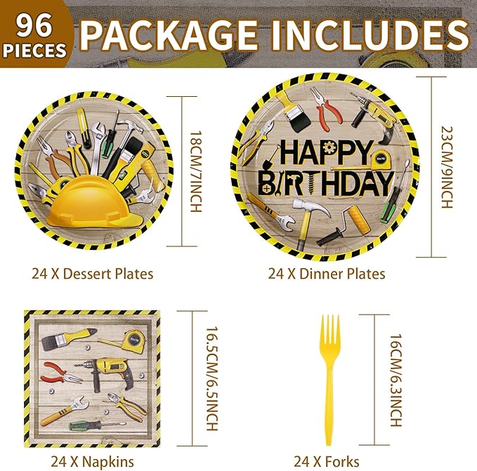 Grencian 96 PCS Handyman Tools Party Supplies Handyman Tools Party Plates 350GSM Disposable Handyman Tools Birthday Tableware Set for Little Builder Carpentry Construction Birthday Party, Serves 24