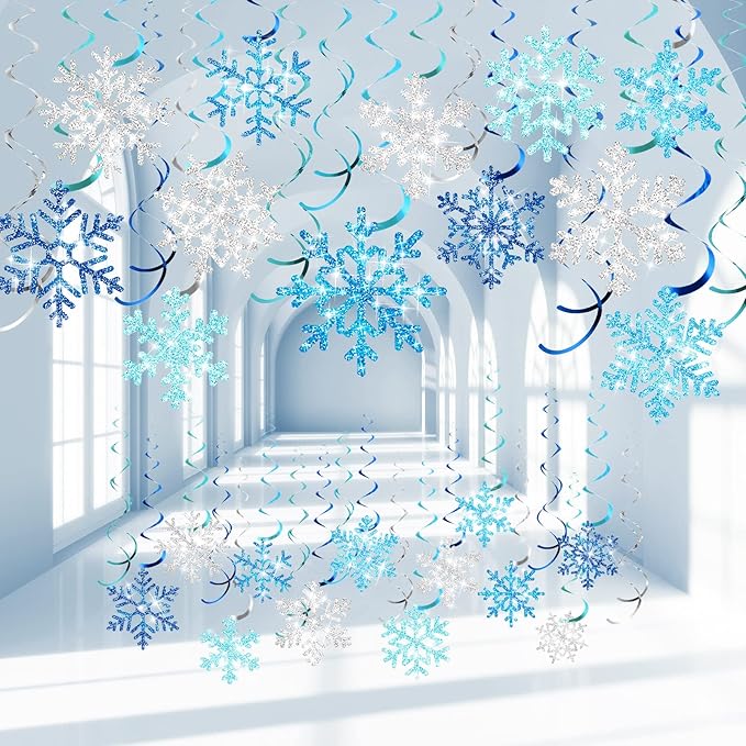 Sumind 30 Pcs Winter Party Wonderland Decorations Snowflake Hanging Swirls Ceiling Decor Winter Baby Shower Streamers Christmas Hanging Decor Holiday Birthday Wedding Party Supplies(Blue, Silver)