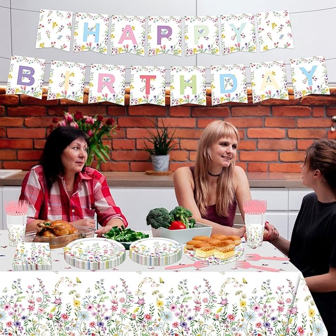 82PCS Spring Floral Party Supplies: Pink & White Floral Dinnerware Set with 16pcs Plates, Napkins, Cups & Forks, 'HAPPY BIRTHDAY' Banner, Tablecloth for Birthday Parties