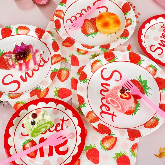 gisgfim 96 Pcs Strawberry Party Supplies - Paper Plates, Napkins, 1st Birthday Tableware Set - Summer Sweet Berry Decorations for Kids - Serves 24