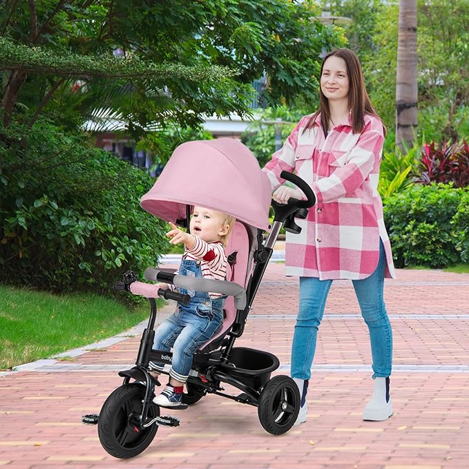 BABY JOY Tricycle, 6 in 1 Trike for Toddler w/Reversible Seat, Adjustable Canopy & Parent Handle, 5-Point Safety Belt, PU Wheels and Storage Basket, Push Tricycle for 9-60 Months (Pink)