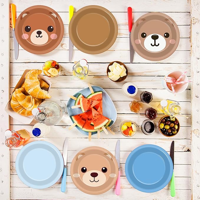 60PCS Blue Bear Birthday Party Plates Dusty Blue and Brown Disposable Paper Dessert Plates for Bears Themed Birthday Decorations Party Tableware Set for Gender Reveal Baby Shower Parties Supplies