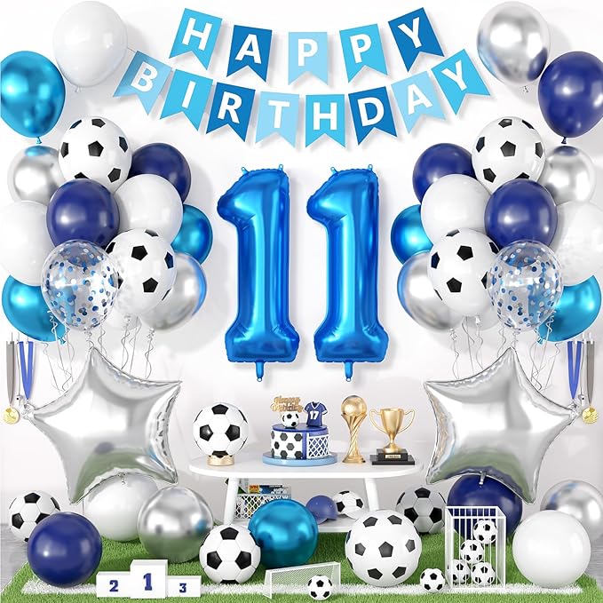 Soccer Birthday Party Decoration for Boys, 11th Soccer Party Decorations with Navy Blue White Silver Balloons 'HAPPY BIRTHDAY' Banner 32in Foil 11 Balloon for Boy Kids Birthday Baby Shower Decor