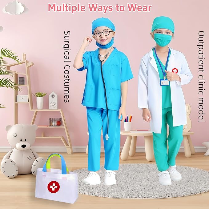 Doctor Costume for Kids 9PC Boys Girls Doctor Role Play Outfit with Bag Kids Scrubs Dress Up for Pretend Play