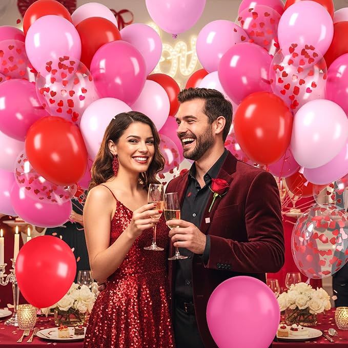 Valentine's Day Balloon, Valentine's Day Party Decoration with Red Hot Pink Balloons Heart Confetti Latex Balloons For Valentine Party Birthday Wedding Bridal Anniversary Engagement Decorations