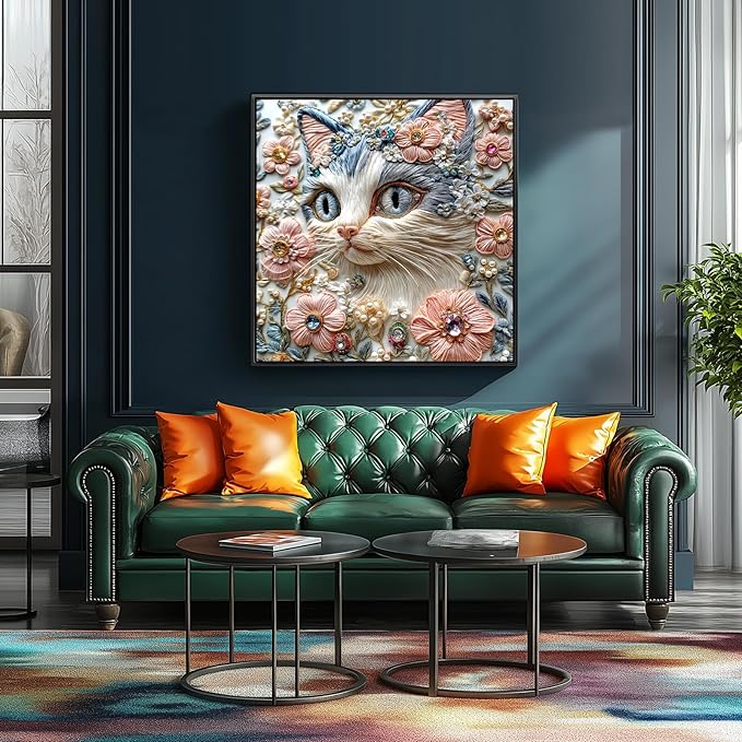 500 Piece Puzzles for Adults, Exquisite Embroidered Floral Cat with Gems Pearls Jigsaw Puzzle, Challenging Art Puzzle Home Wall Decor Gift for Cat Lovers Women 20x20 Inches